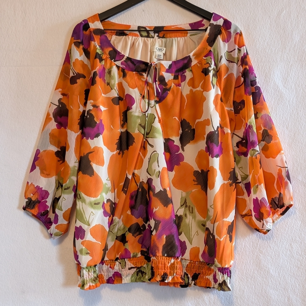 Cato Woman Colorful Floral Blouse Top 3X Flowers Flowy V-Neck Whimsical Fairy